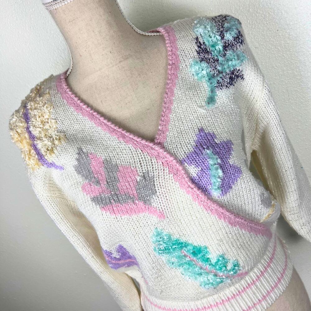 Vintage 80s Pastel Knit Sweater M – Whimsigoth Coquette Cottagecore Halloween - Picture 2 of 8
